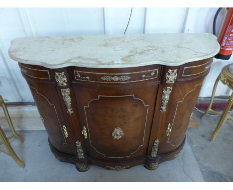 A reproduction French Louis XV style walnut effect, marble topped commode