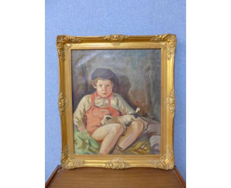 W.R. Washbrooke, portrait of a young boy and dog, oil on canvas, framed
