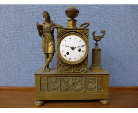 A 19th Century French cast ormolu mantel clock and alabaster clock