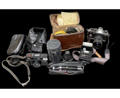 A Konica FT-1 motor camera, with Tamron SP35-80mm lens, a Ricoh camera, two further lenses, tripod and other accessories.