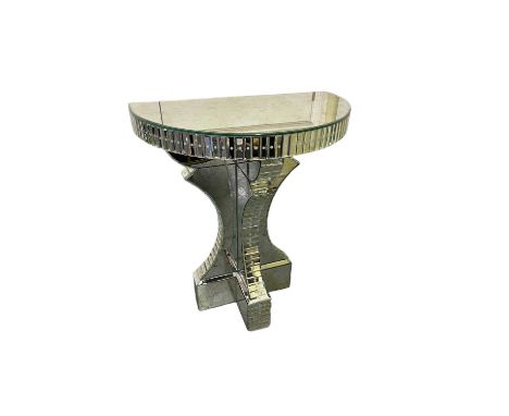 A modern mirrored demi-lune wall mounted console table, height 86cm, width 71cm.