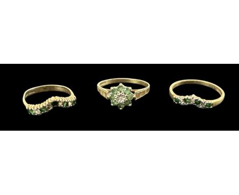 A 9ct yellow gold emerald and diamond set flower head ring, size Q, a 9ct yellow gold diamond and emerald set ring, size Q/R,