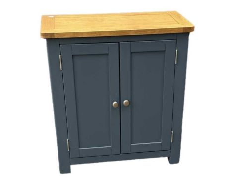 A modern dark blue painted two door side cabinet, with light oak top, width 70cm, depth 35cm, height 75cm.