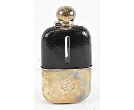 JAMES DIXON &amp; SONS LTD; a late Victorian hallmarked silver and leather mounted glass hip flask, with hinged lid, Sheffiel