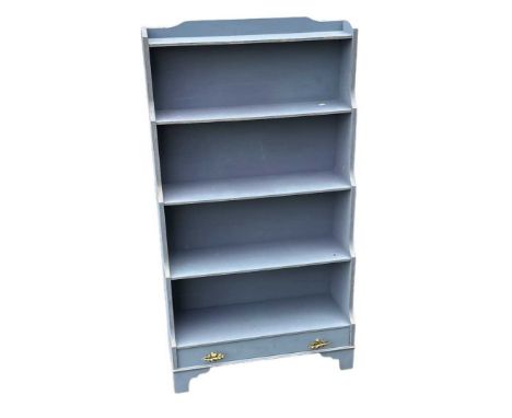 A blue painted waterfall type five shelf bookcase, with single base drawer, width 69cm, height 126cm.