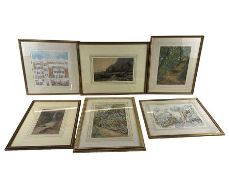 A group of eighteen decorative prints and watercolours, including two watercolours by Joanne Nichols, small print of a sausag