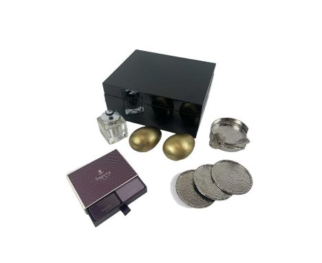 A group of collectors' items, including Asprey playing cards, a Mario Cioni of Italy crystal glass table lighter, a silvered 