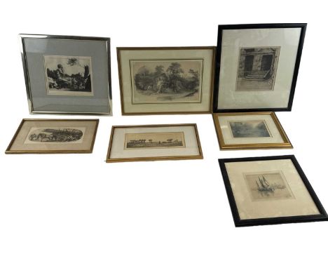 A group of six etchings of rural and shipping scenes, and a Nigel Piron print (7).