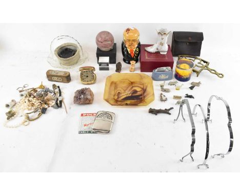 A group of assorted collectors' items including a Dartington Crystal cube, Dresden cased boot, two paperweights, iron rest, b