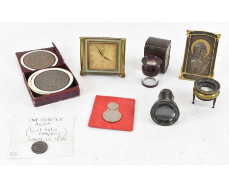 A group of 19th century and later collectors' items including a magnifying glass, microscope stand, scientific leather cased 