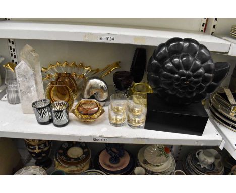 A large quantity of sundry items, including three silvered mirrored trays, a tissue dispenser, three beakers, jug, two gilded