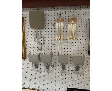 PORTA ROMANA; a set of four cut glass wall lights with shades, height to top of fitment 24.5cm, a further wrought iron Porta 