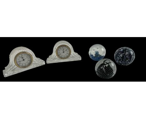 WATERFORD; two Waterford crystal mantel clocks and three Caithness paperweights (5).