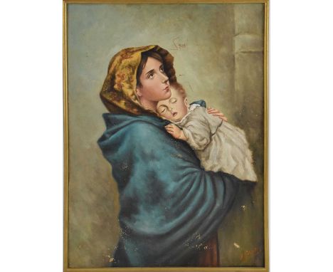 † A POBLETC; an early 20th century oil on canvas, portrait of mother and child, 52 x 37cm, framed.