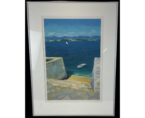 † DONALD HAMILTON FRASER; a limited edition colour print, harbour scene, signed in pencil lower right and numbered 34/175, 60