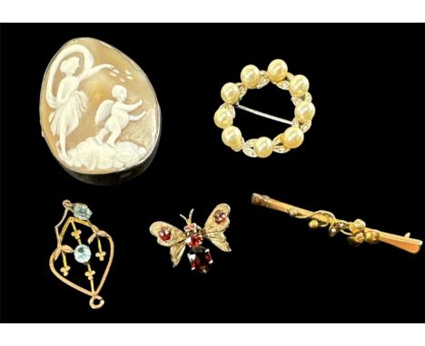 A 9ct yellow gold bar brooch set with two small pearls, length 4.5cm, a white metal set cameo brooch, a silver and pearl set 