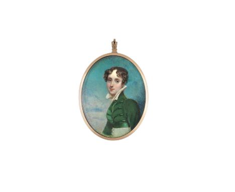 λ George Chinnery (1774-1852)  Portrait miniature of Maria Graham, half length, wearing a green jacket  Oval, in a gold frame