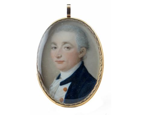 λ English School late 18th Century  Portrait miniature of a gentleman, bust length wearing blue  Oval, in a gold frame  38 x 