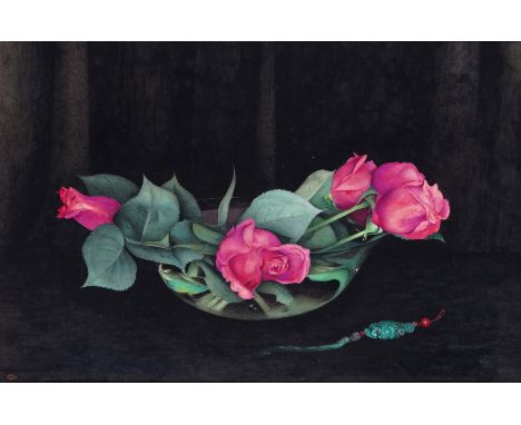 ‡Edward Julius Detmold (1883-1957) Still life of roses with a Chinese jade, tasselled pendant  Signed with a monogram, also i