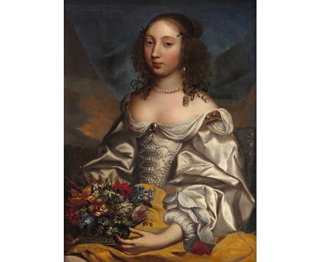 English School late 17th Century  Portrait of a lady, seated, wearing pearls and holding a basket of flowers Oil on canvas in