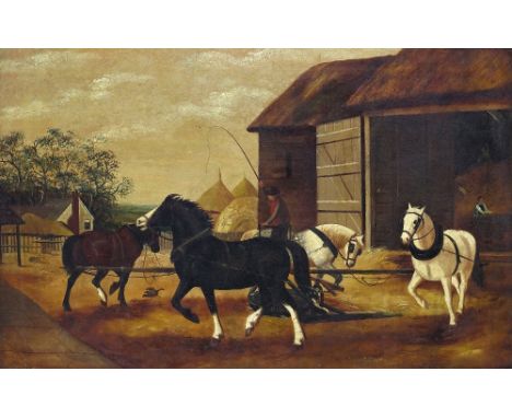 After William Henry Hopkins  Threshing the harvest Oil on canvas 71 x 111cm; 28 x 43¾in A copy of the print General condition
