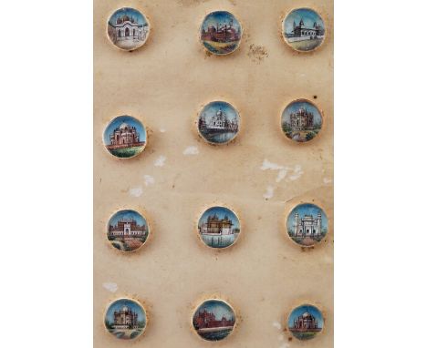 λ Indian School 19th/20th Century  Indian Temples  A set of 12 button-sized miniatures with painted scenes  Each 10mm diamete