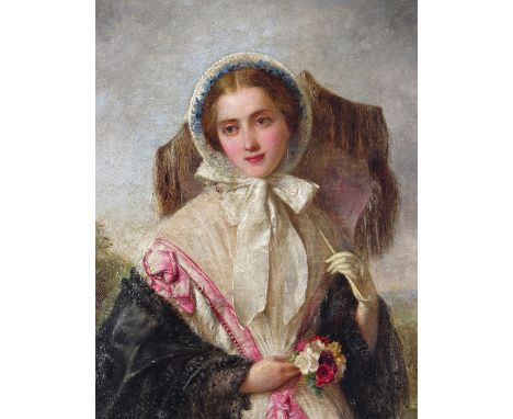 Edward Hughes (1832-1908) Portrait of a young lady with a parasol and flowers Signed and dated 1859 Oil on canvas 25.5 x 20.5