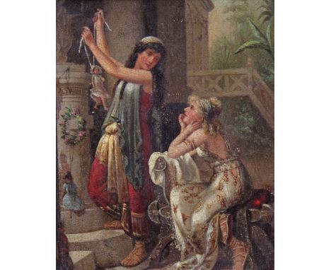 English School 19th Century Girls playing with dolls in a classical setting Oil on panel 27 x 21cm; 10½ x 8½in General condit