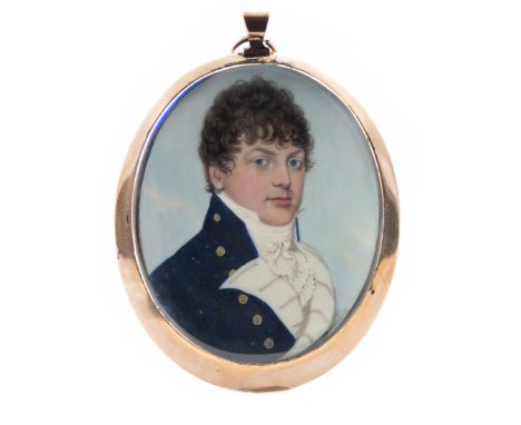 λ English School c. 1810  Portrait miniature of a gentleman, head and shoulders wearing a blue coat  Thought to be inscribed 