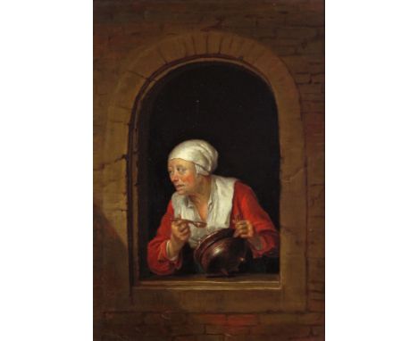 After Gerrit Dou The Cook Oil on canvas 38.5 x 28cm; 15 x 11in General condition report Relined, a few light scuffs lower mar