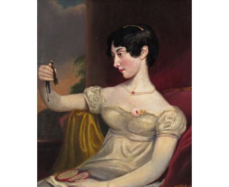 George Henry Harlow (1787-1819) Portrait of a lady holding a portrait miniature Oil on canvas 77 x 63.5cm; 30¼ x 25in General