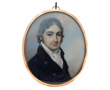 λ George Engleheart (1752-1829)  Portrait miniature of a gentleman, head and shoulders, in a navy coat and white stock and cr