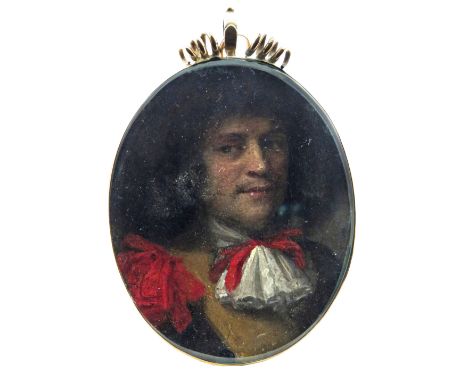 λ English School 17th Century  Portrait miniature of a gentleman, bust length, wearing a buff coat and red ribbons  Oval, gil