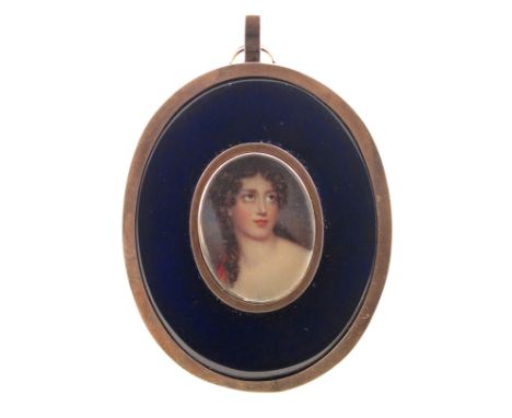 λ English School late 18th century  Portrait miniature of a lady, bust length, wearing a red ribbon in her hair  Oval, blue g