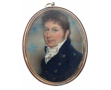 λ English School early 19th Century  Portrait miniature of a gentleman, head and shoulders, facing left, wearing a blue coat 