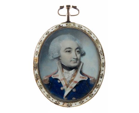 λ George Engleheart (1752-1829)  Portrait miniature of a naval officer of the 13th Light  Dragoons, c.1785-1790 in full dress