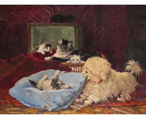 Jan Hermanus Melcher-Tilmes (1874-1920) after Henriette Ronner-Knip Dogs and cats and kittens playing Signed and inscribed Oi