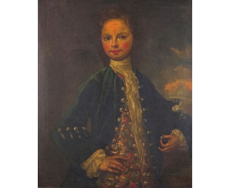 English School 18th Century Portrait of a young man wearing a decorative waistcoat and cravat, half length, in a landscape Oi