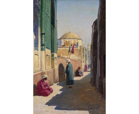 Richard Karlovich Zommer (Russian 1866-1939) Figures by a mosque Signed Oil on canvas 71 x 47cm; 28 x 18½in Provenance: Capta