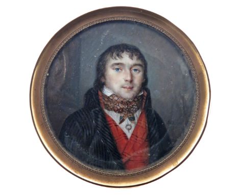 λ French School 1795  Portrait miniature of a gentleman, head and shoulders wearing a striped jacket and waistcoat  Signed in