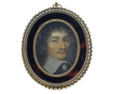 λ English School 17th Century  Portrait miniature of a Sir P. Maynald, bust length, with a wide lace collar  Oval, in a gilt 