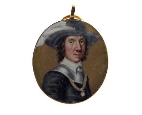 λ Flemish School 17th Century  Portrait miniature of a gentleman, head and shoulders, wearing a plumed hat  Enamel, with an a