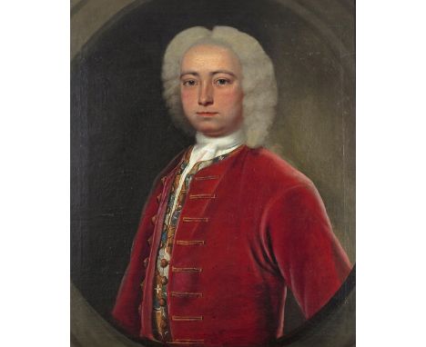 Benjamin Wilson (1721-1788) Portrait of a gentleman, half length, wearing a red coat in a painted oval Oil on canvas, in a ca