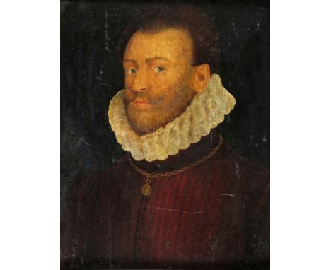 English School 16th Century Portrait of a gentleman, head and shoulders wearing a high ruff Oil on panel, with a wax seal ver