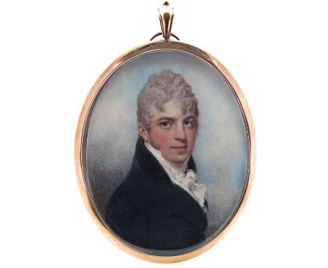 λ William Wood (1768-1809)  Portrait miniature of the Reverend William Whiteside, head and shoulders, wearing black with a wh