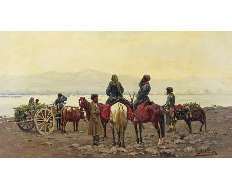 Richard Karlovich Zommer (Russian 1866-1939) The Ferry, Lake Van Signed Oil on canvas 43 x 77cm; 17 x 30½in Provenance: Capta