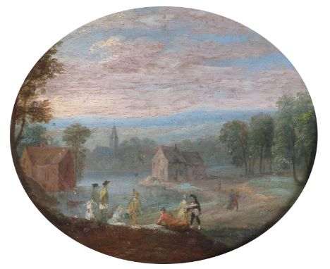 Dutch School 17/18th Century  Figures resting in a river landscape  Oil on copper, oval  13.75 x 16.75cm; 5½ x 6½in  General 