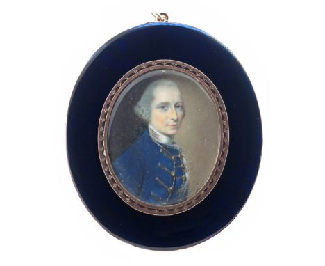 λ James Scouler (1741-1812)  Portrait miniature of a gentleman, head and shoulders, in a blue coat  Signed with initials and 