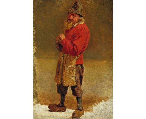 Circle of Joos van Craesbeeck  A rustic, standing, wearing an apron and holding a pipe Oil on canvas, unframed 30 x 20cm; 12 