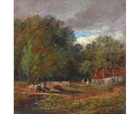 Circle of Lionel Constable  Figure on horseback fording a stream by a cottage Oil on paper/thin board laid on canvas 24 x 23c